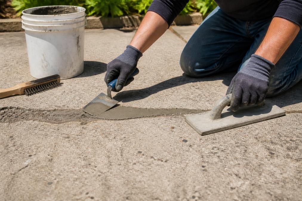 Close-up of a homeowner in work gloves using a trowel and finishing tool to smooth filler into a crack in a concrete driveway, with a bucket of patching compound and a wire brush nearby on a sunny day
