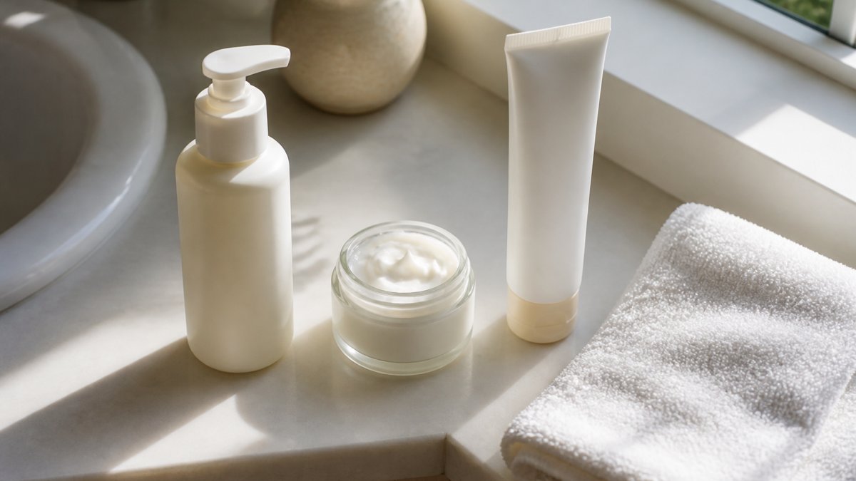 Overhead shot of a bathroom counter with a minimal three-product skincare routine: a gentle cleanser, a ceramide repair cream in an open jar, and a broad-spectrum sunscreen, with a folded white towel and soft morning light from a window