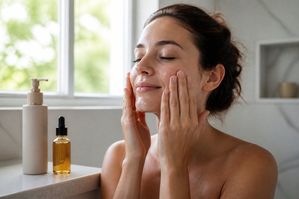 Close-up of a woman's hands gently pressing a few drops of facial oil into damp skin after cleansing, soft natural light from a bathroom window, minimal counter with one cleanser and one oil bottle visible