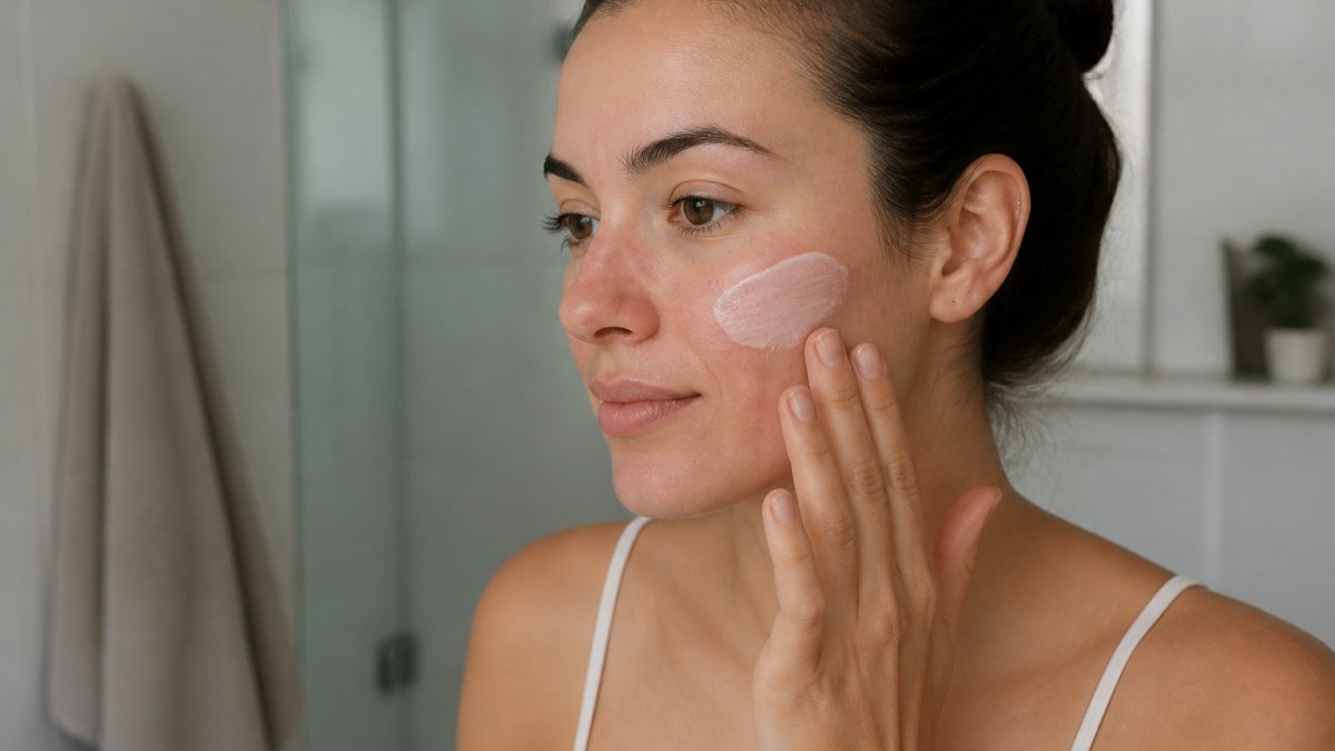 A close-up of a woman with sensitive skin gently applying a light moisturiser to her face in a calm, softly lit bathroom, focusing on the gentle, soothing motion