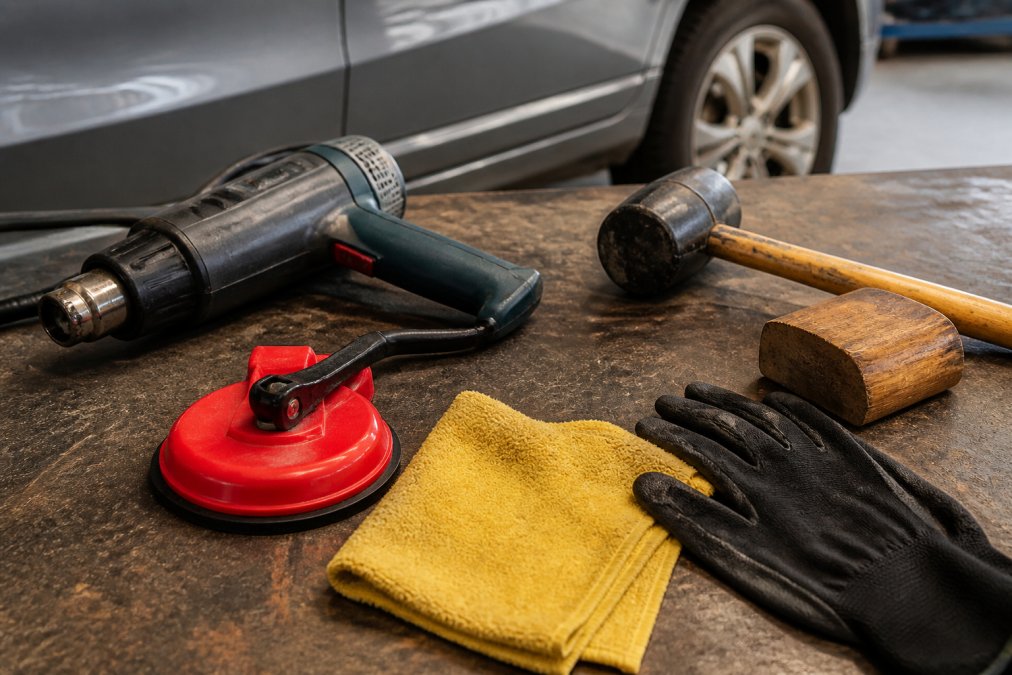 Close-up of automotive dent removal tools arranged on a workbench: red suction cup, heat gun, rubber hammer, wooden dolly, microfiber cloth, and safety gloves with natural workshop lighting
