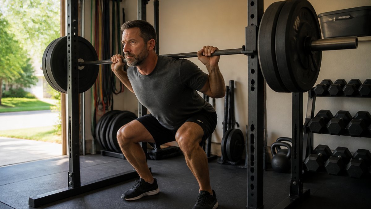 A man in his mid-40s in a home garage gym, mid-set on a barbell squat with a loaded barbell on his back, focused expression, natural morning light through an open garage door