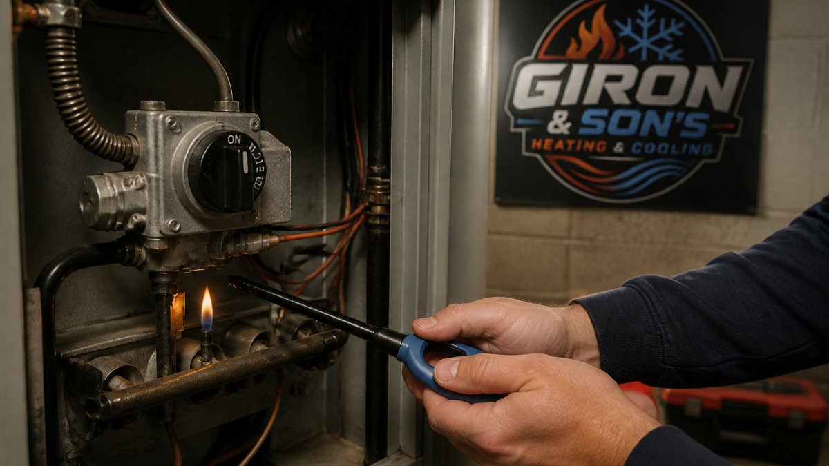 Homeowner using a long lighter to ignite a furnace pilot light that keeps going out in a basement.