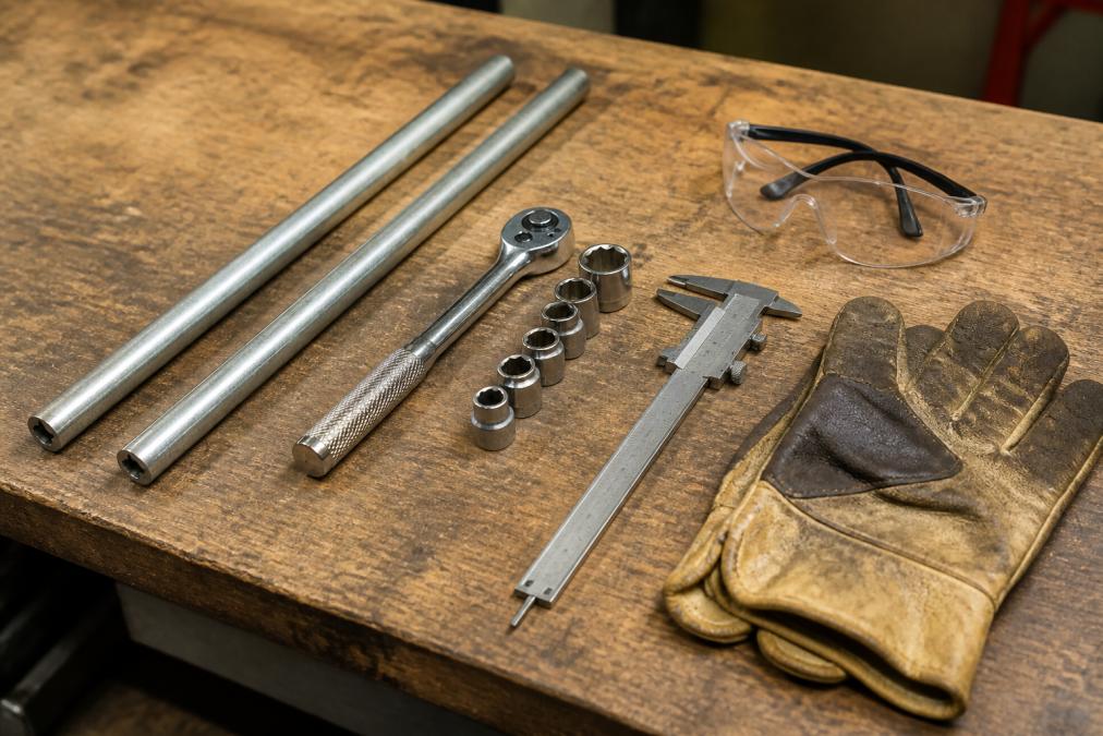 Close-up of a workbench with garage door repair tools laid out neatly: two steel winding bars, a socket wrench set, digital calipers, safety glasses, and leather work gloves arranged on a worn wooden surface under bright workshop lighting