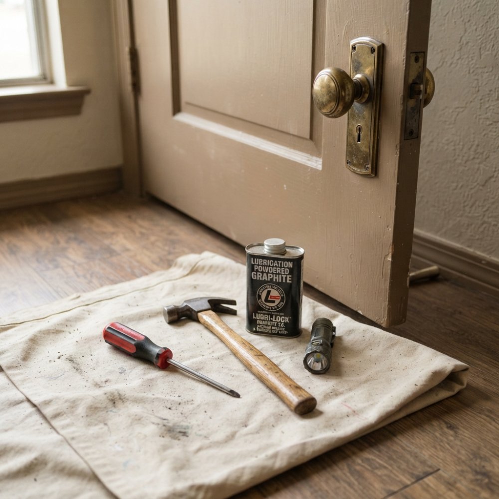 A screwdriver, hammer, can of powdered graphite, and small flashlight arranged on a drop cloth beside a wooden door with a brass knob