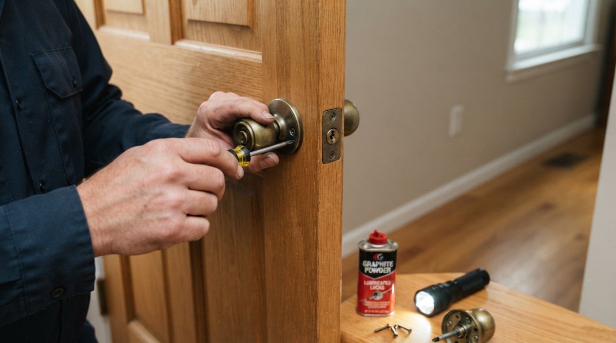 Close-up of a person's hands using a small screwdriver to remove a door knob from a wooden door, with a can of graphite powder and a flashlight on the floor nearby, bright indoor lighting