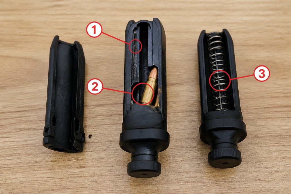 Annotated diagram of a pistol speed loader showing the three jam points: (1) debris buildup in the follower track, (2) a canted cartridge wedged between the feed lips, and (3) a fatigued spring coil