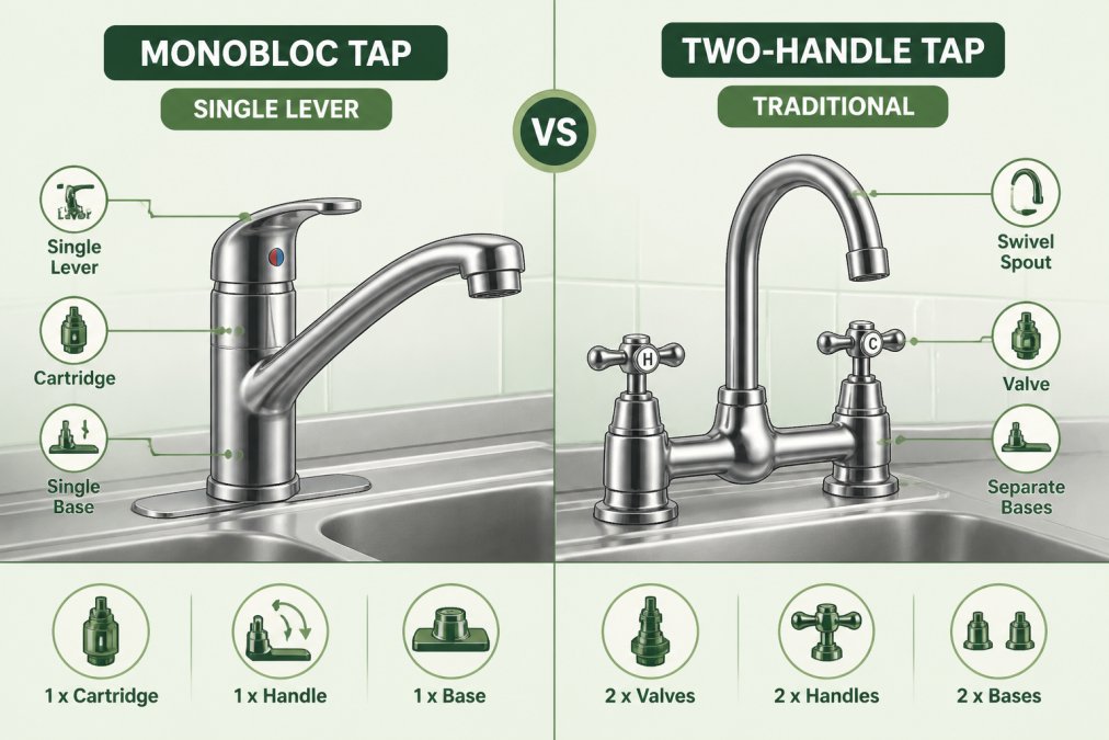 Close-up comparison of a modern monobloc kitchen tap with single lever and a traditional two-handle kitchen tap side by side on a stainless steel sink, showing the structural differences clearly