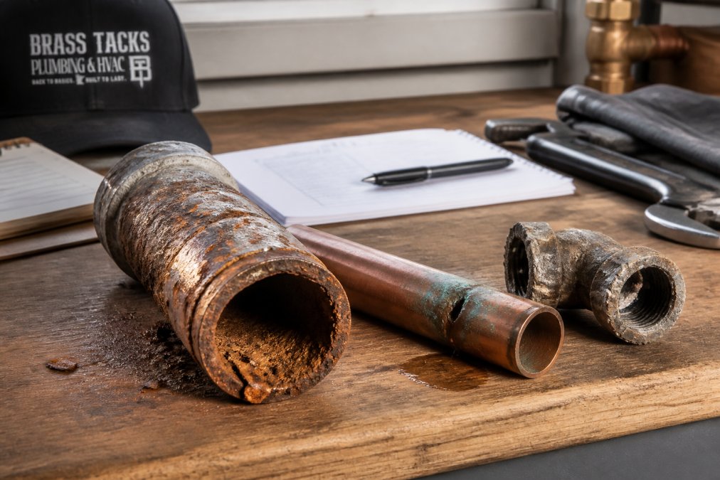 Three pipe sections resting on a wooden workbench under bright shop lighting: a heavily rusted galvanized steel pipe with flaking orange scale, a copper pipe with green oxidation patches and a small stain from a pinhole leak, and a deteriorated threaded pipe fitting with visible mineral buildup