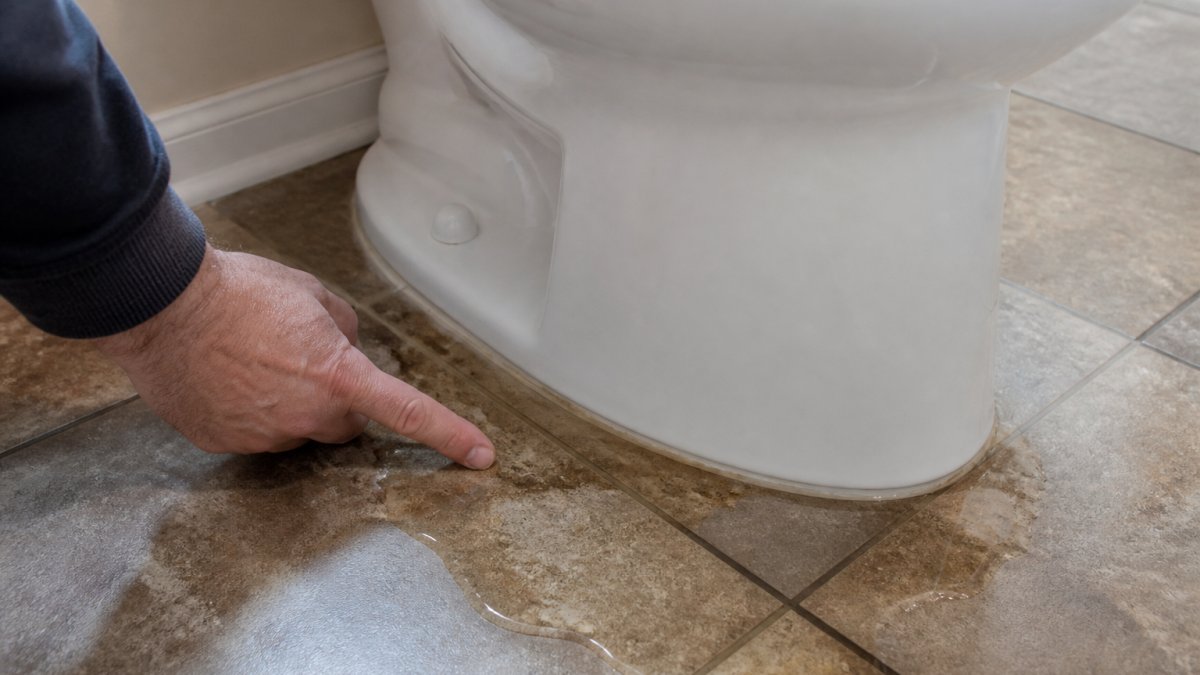 A person pointing to water pooling under a toilet base to help you learn how to fix a leaking toilet step by step.