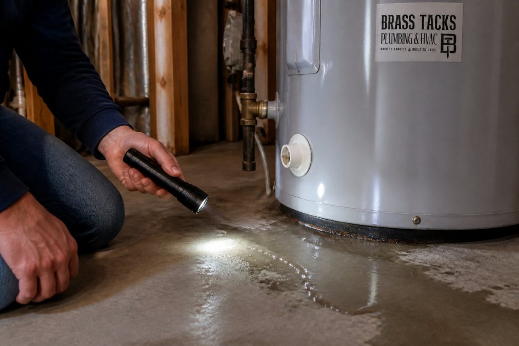 Homeowner using a flashlight to inspect the base of a leaky water heater for signs of moisture