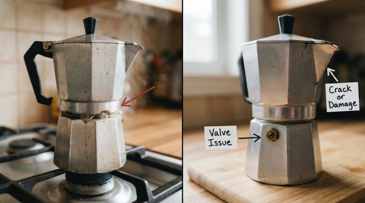 Split-screen diagram showing a moka pot with three callout arrows: one pointing to the midsection seam labeled 'Gasket Leak', one to the safety valve labeled 'Valve Issue', and one to the spout labeled 'Crack or Damage'