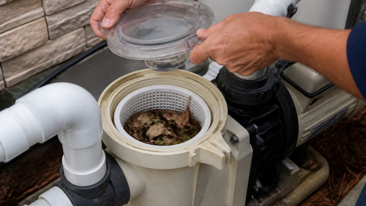 Close-up of a homeowner's hands lifting the clear pump lid off a pool pump to remove a full pump basket of leaves and debris, with the pump housing and plumbing visible in the background