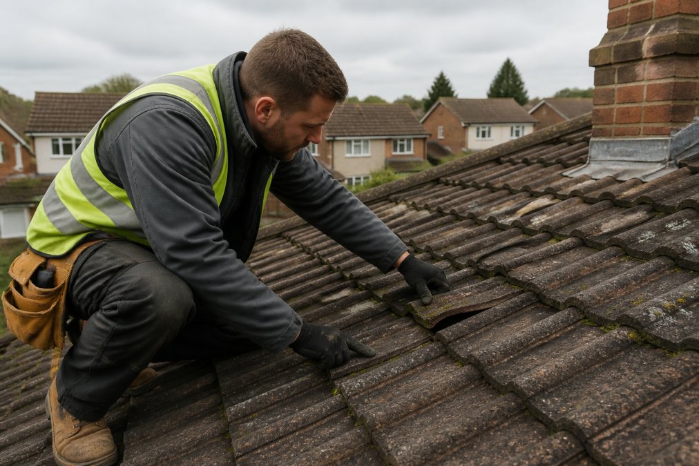 Close-up photograph of a roofer in hi-vis work gear crouching on a pitched tiled roof, carefully lifting a slipped concrete tile to inspect the sarking felt beneath, overcast grey sky and terraced UK houses visible in the background