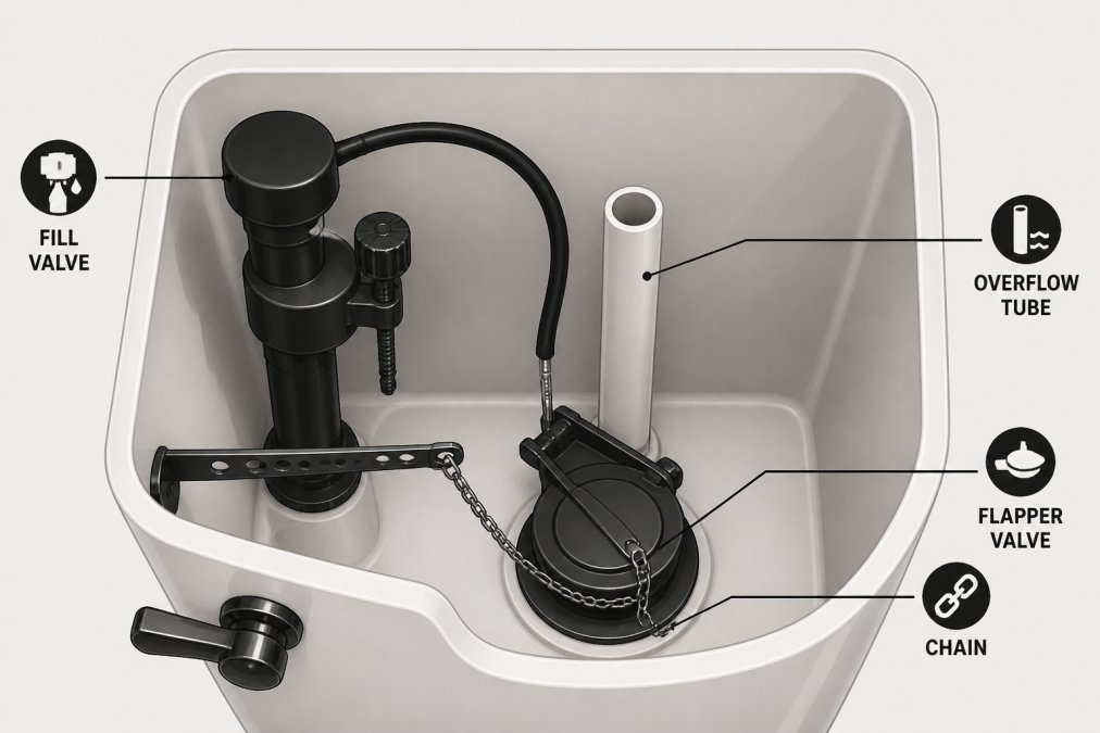 How to Fix a Running Toilet: Step-by-Step Guide 1 Close-up view of a toilet tank interior showing the flapper valve seated at the bottom, fill valve on the side, overflow tube in the center, and chain mechanism, photographed from above with clear lighting