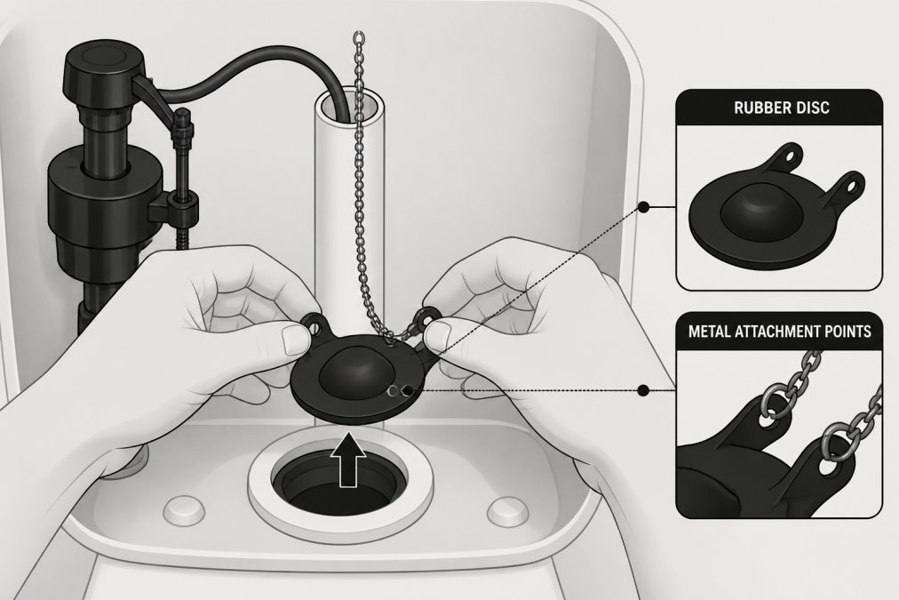How to Fix a Running Toilet: Step-by-Step Guide 2 Hands carefully removing an old flapper valve from the flush valve seat at the bottom of a toilet tank, showing the rubber disc and metal attachment points