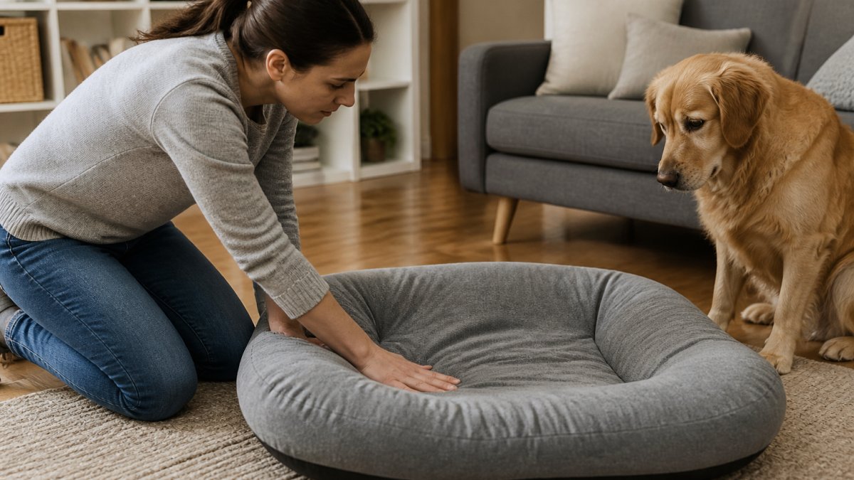 A dog owner kneeling beside a sagging dog bed, pressing down on the center to check for support, with a dog watching nearby in a cozy living room