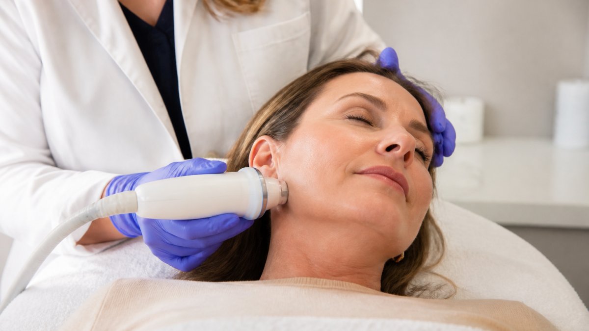 A clinician in gloves gently holding a radiofrequency handpiece against a woman's jawline in a calm, well-lit treatment room, with the patient relaxed and the device visible