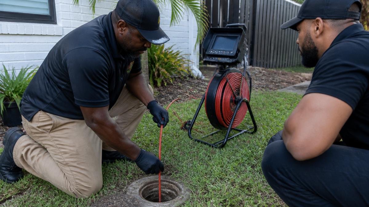 Technicians perform a camera inspection during the trenchless sewer repair process in a residential yard.