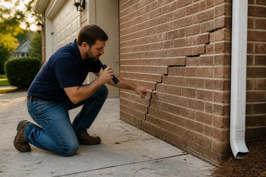A homeowner kneeling on a concrete driveway, inspecting a diagonal stair-step crack running through the brick exterior wall of a suburban house, pointing at the crack with a flashlight in late afternoon light