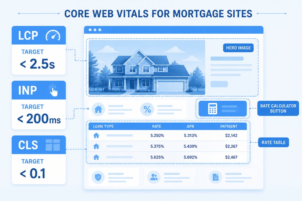 Diagram of the three Core Web Vitals metrics for a mortgage website page: LCP target under 2.5s, INP target under 200ms, CLS target under 0.1, with labels showing hero image, rate calculator button, and rate table as the measured elements