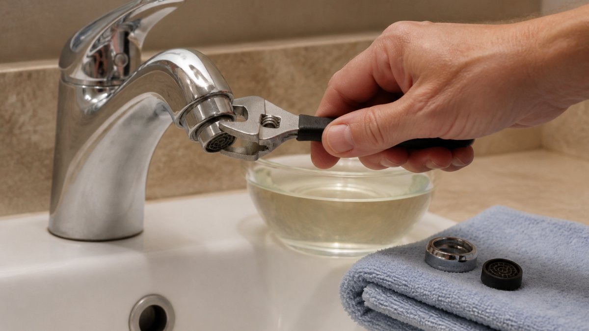 Close-up of a hand using a small wrench to unscrew a faucet aerator from a bathroom faucet, with a bowl of vinegar and a folded towel on the counter nearby
