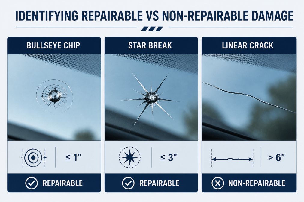 Close-up of windshield showing three different damage types side by side, a small bullseye chip with concentric rings on the left, a star break pattern in the center, and a long spreading linear crack on the right, with natural daylight highlighting the damage clarity