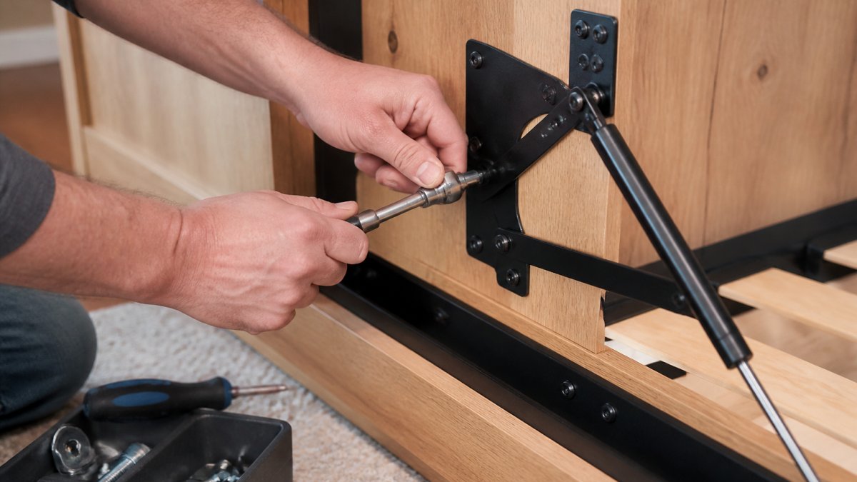 Person using a socket wrench to tighten a bolt on a wooden bed frame hinge with a screwdriver nearby