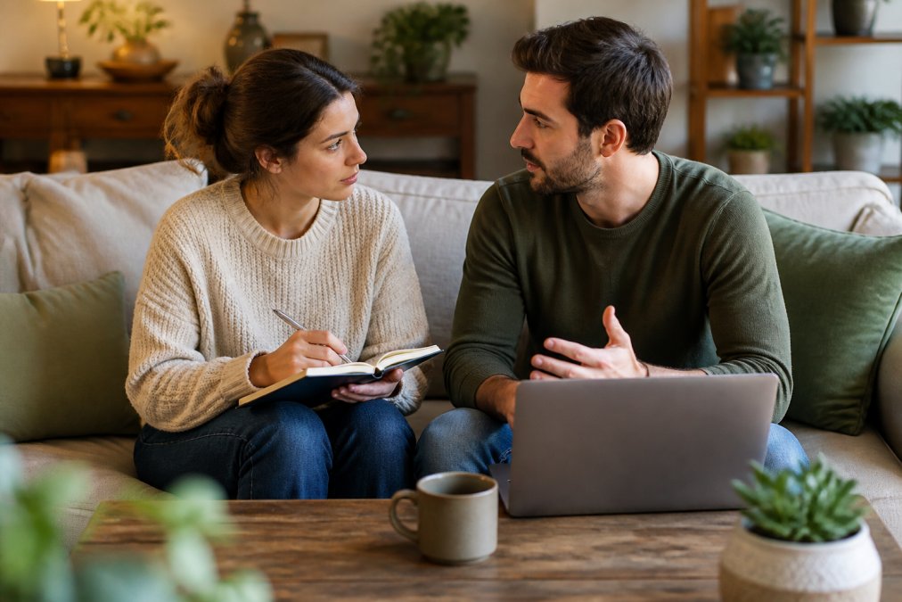 A couple sitting on a couch with a laptop and a notebook, looking thoughtfully at each other while discussing relationship goals in a cozy living room
