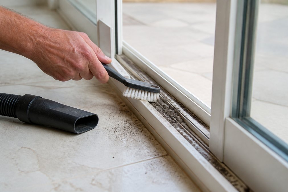 Close-up of a homeowner's hand using a stiff scrub brush to dislodge sand and dirt from inside a sliding door track, with a vacuum nozzle resting nearby on the floor