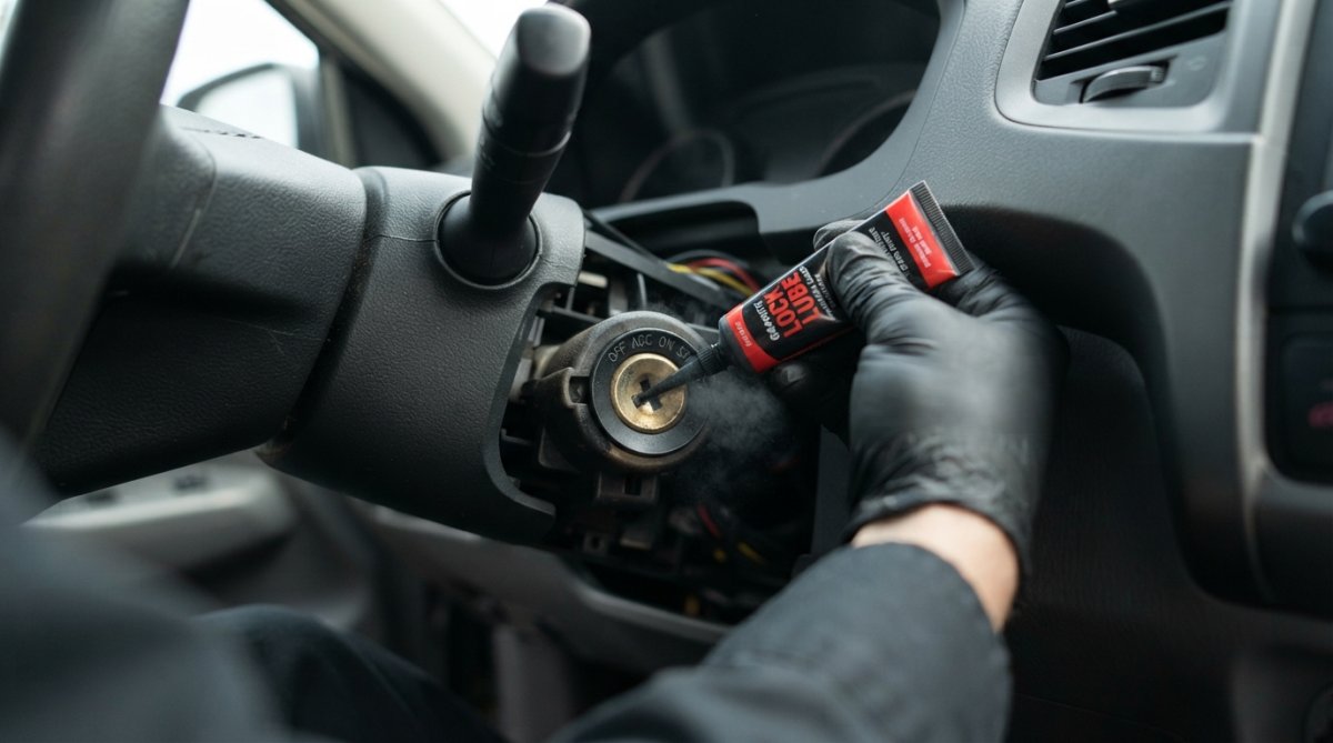 Close-up of hands applying graphite lubricant around the ignition cylinder and lock housing on a car dashboard, demonstrating proper application technique with clear visibility of the ignition area