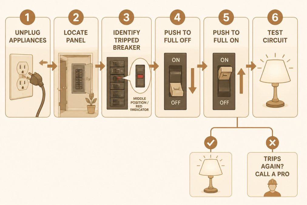 Flowchart showing 6-step reset process: Step 1 Unplug appliances, Step 2 Locate panel, Step 3 Identify tripped breaker (middle position/red indicator), Step 4 Push toggle to full OFF, Step 5 Push toggle to full ON, Step 6 Test circuit, branch at Step 6: 'Trips again? Call a pro'