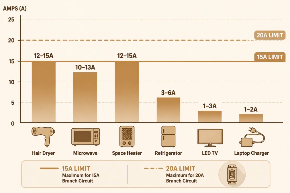 Bar chart showing typical amperage draw of common household appliances: hair dryer 12-15A, microwave 10-13A, space heater 12-15A, refrigerator 3-6A, LED TV 1-3A, laptop charger 1-2A, compared against standard 15A and 20A branch circuit limits