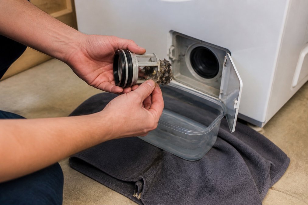 Hands removing lint and debris from a washing machine filter to fix a washing machine not draining issue.