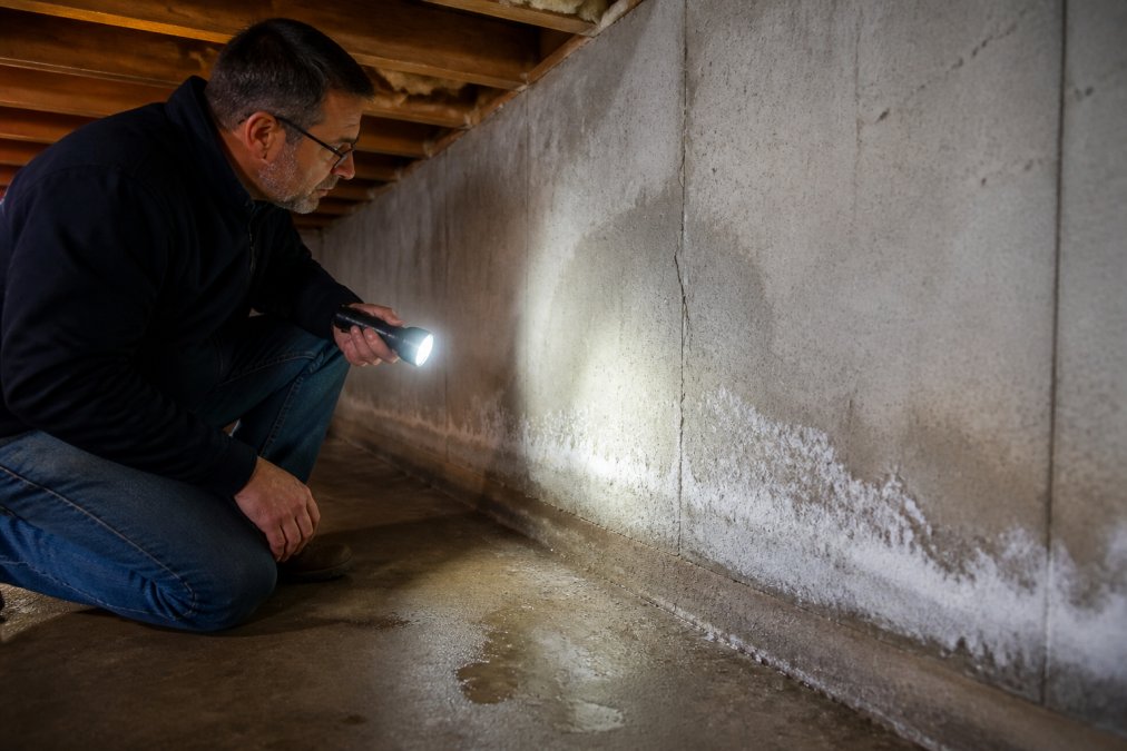 Homeowner using a flashlight to inspect a crack and efflorescence on a wet basement foundation wall