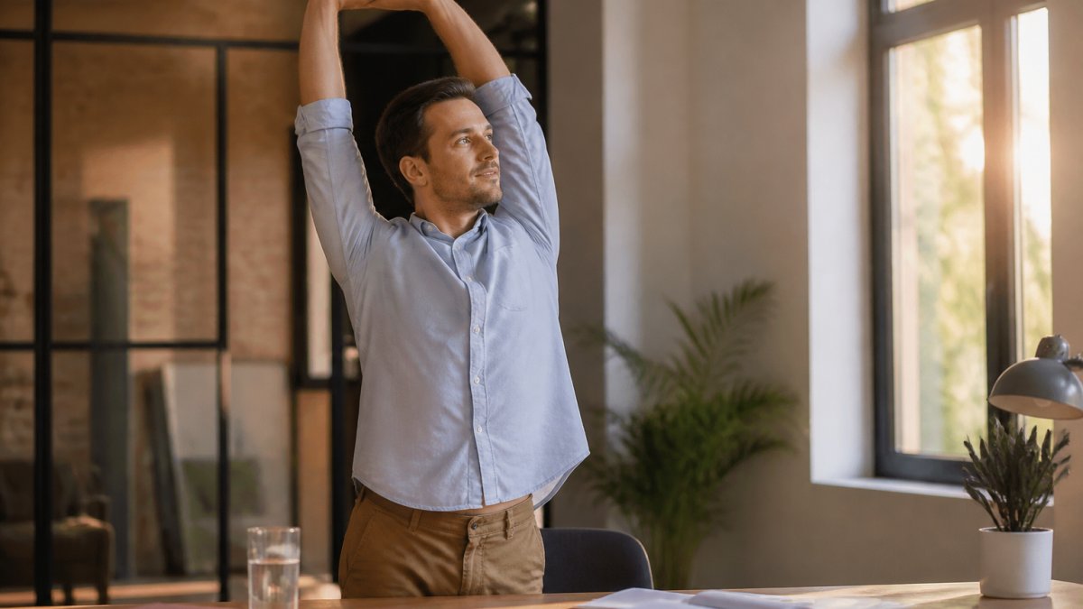 A person in casual work clothes standing up from a desk mid-afternoon, stretching with a glass of water nearby, warm natural light coming through a window