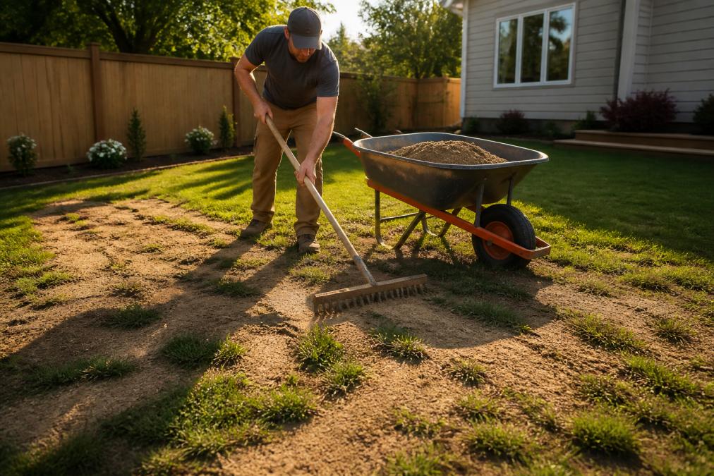 A homeowner spreading a sandy leveling mix from a loaded wheelbarrow using a wide garden rake across an uneven backyard lawn, afternoon sunlight casting low shadows across the grass surface