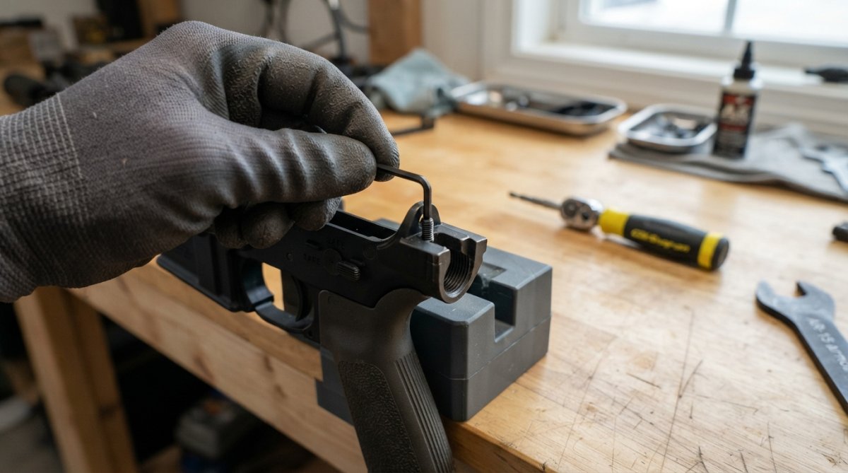 Close-up of a gloved hand inserting a tension screw into the rear of an AR-15 lower receiver on a clean workbench with a torque wrench nearby