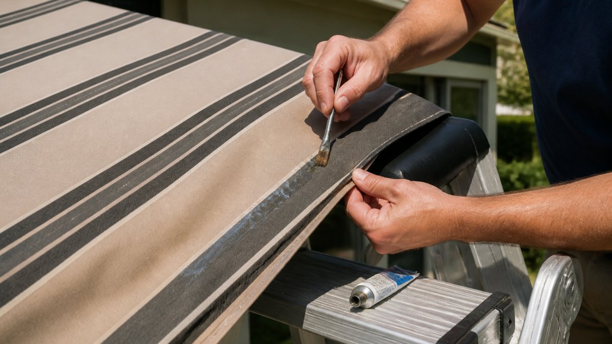 Close-up of hands applying fabric adhesive along a separating seam on a retractable awning, with a small brush and tube of glue visible on a ladder platform in bright daylight