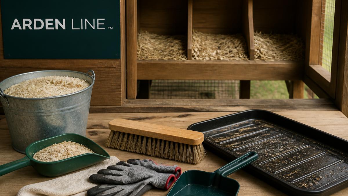 Backyard chicken coop with fresh straw bedding, clean nesting boxes, and visible droppings board during routine maintenance work