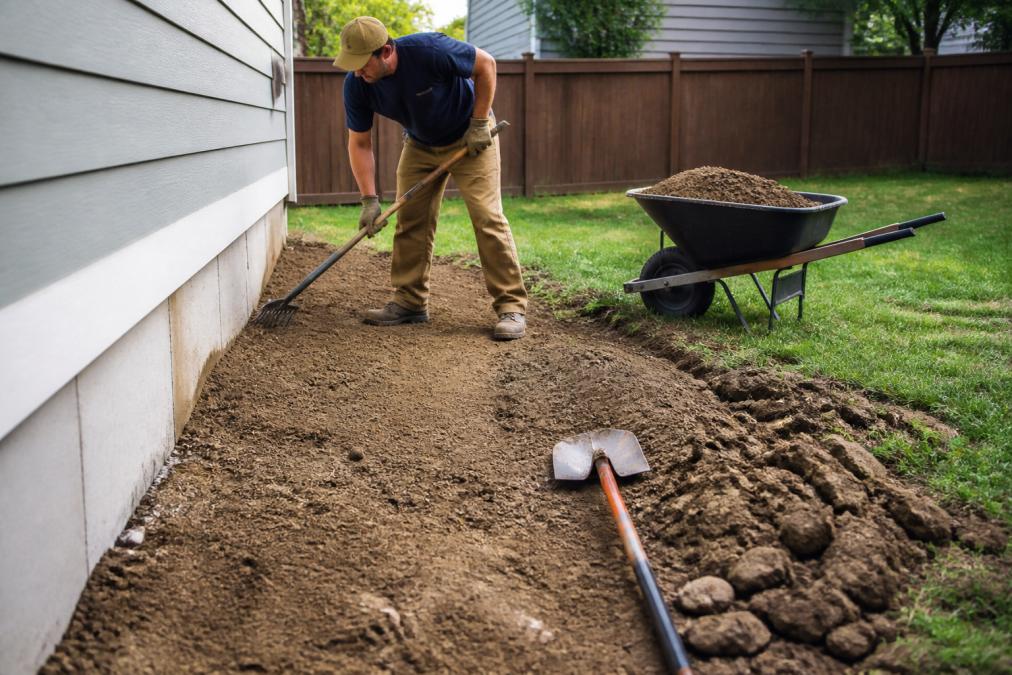 Homeowner using a shovel to create a slope for backyard drainage away from the home foundation