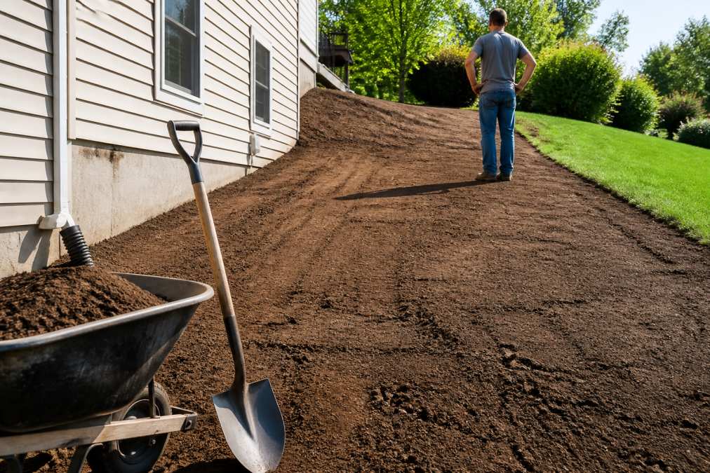 A residential backyard with a slight slope away from the house, freshly graded soil, a shovel and wheelbarrow in the foreground, and a homeowner inspecting the slope on a sunny day