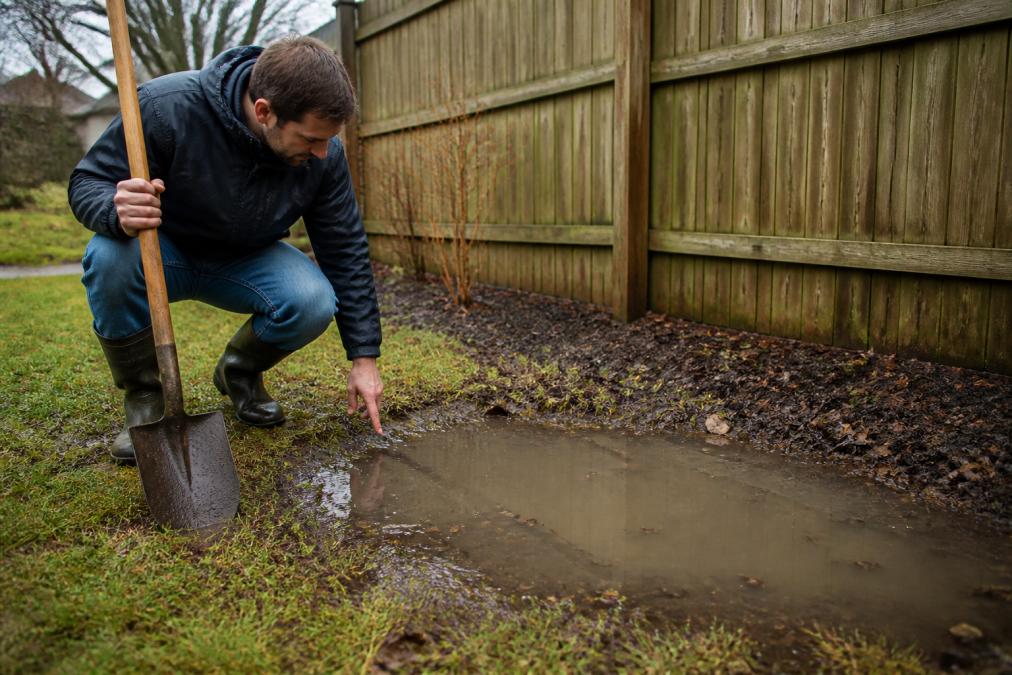 A homeowner kneeling in a backyard with a shovel, inspecting a patch of standing water near a fence line after rain, muddy soil visible, overcast lighting