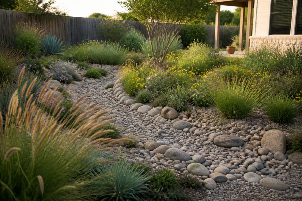 A well-maintained backyard dry creek bed made of rounded river rocks winding through native ornamental grasses and flowering perennials, with a shallow rain garden planted with native Texas plants visible in the soft afternoon light