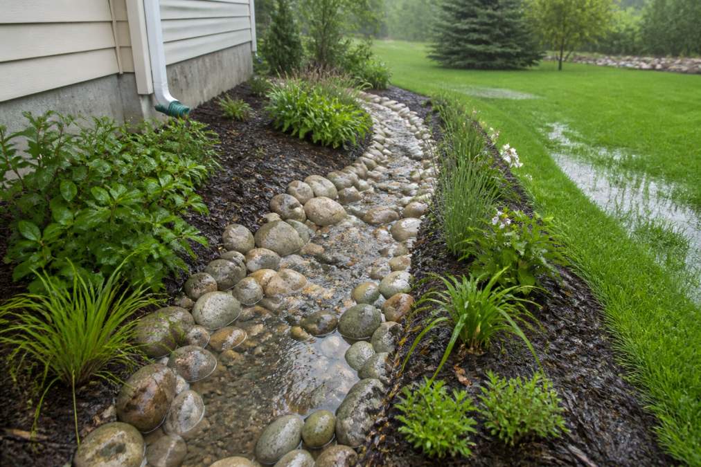 Dry creek bed with river rocks and plants providing effective backyard drainage near a house foundation.