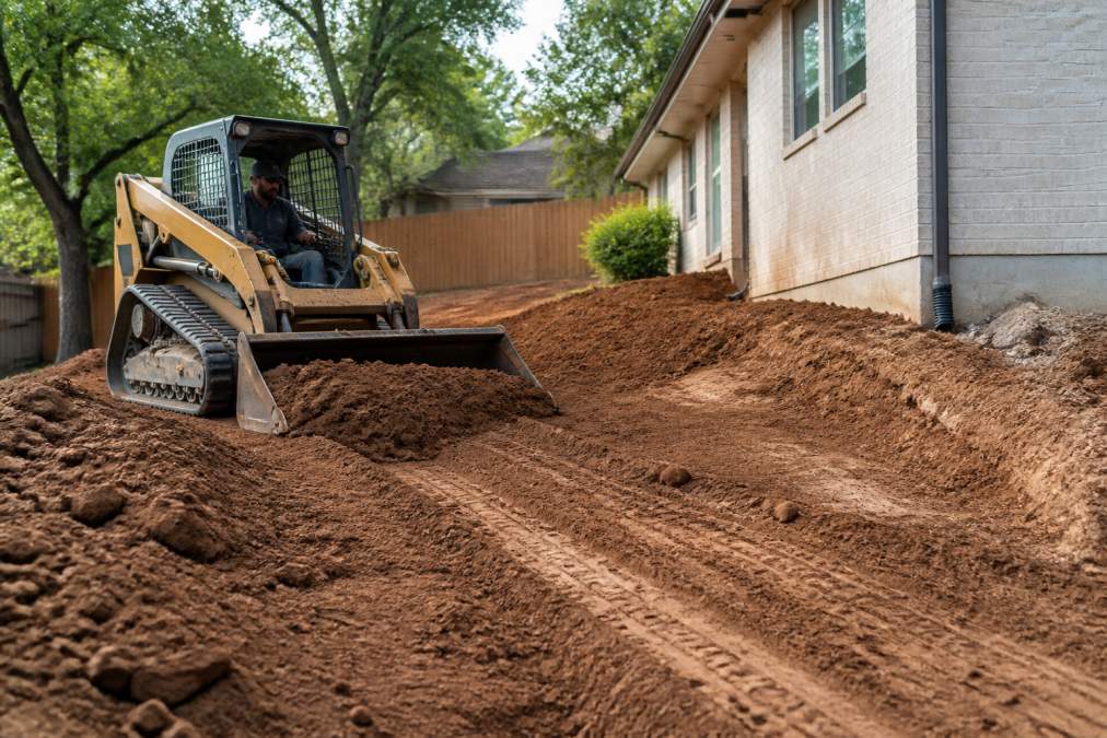 Professional landscaper operating heavy grading equipment on a sloped residential backyard, creating a new terrain grade with visible soil movement and water flow direction away from the home's foundation
