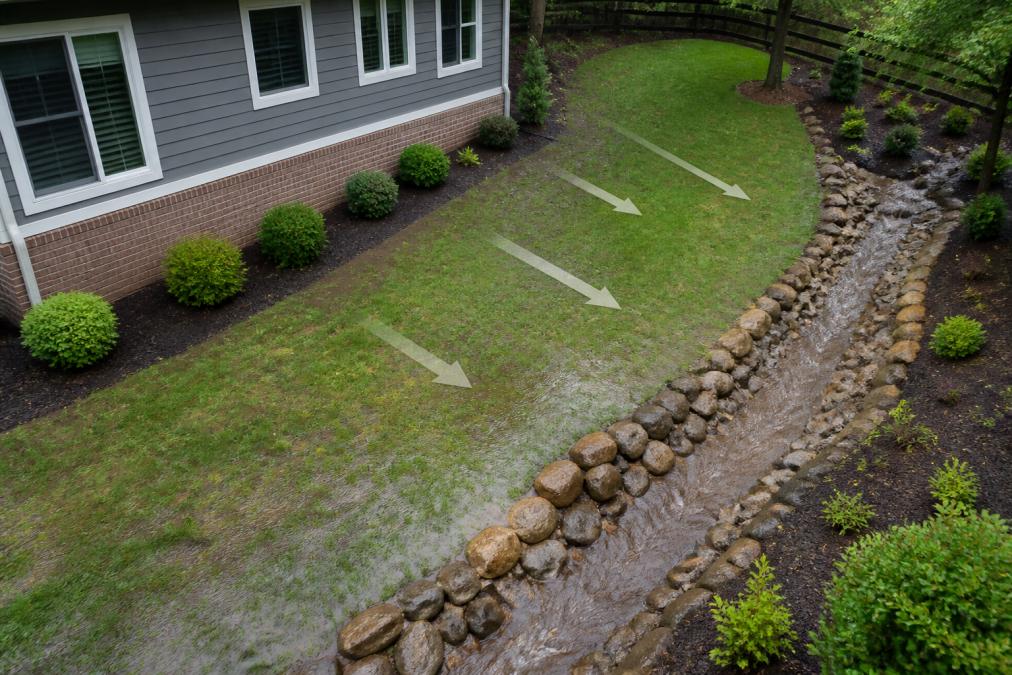 Aerial view of a residential backyard showing proper grading slope with water flowing away from a home's foundation toward a drainage swale in the landscaped area