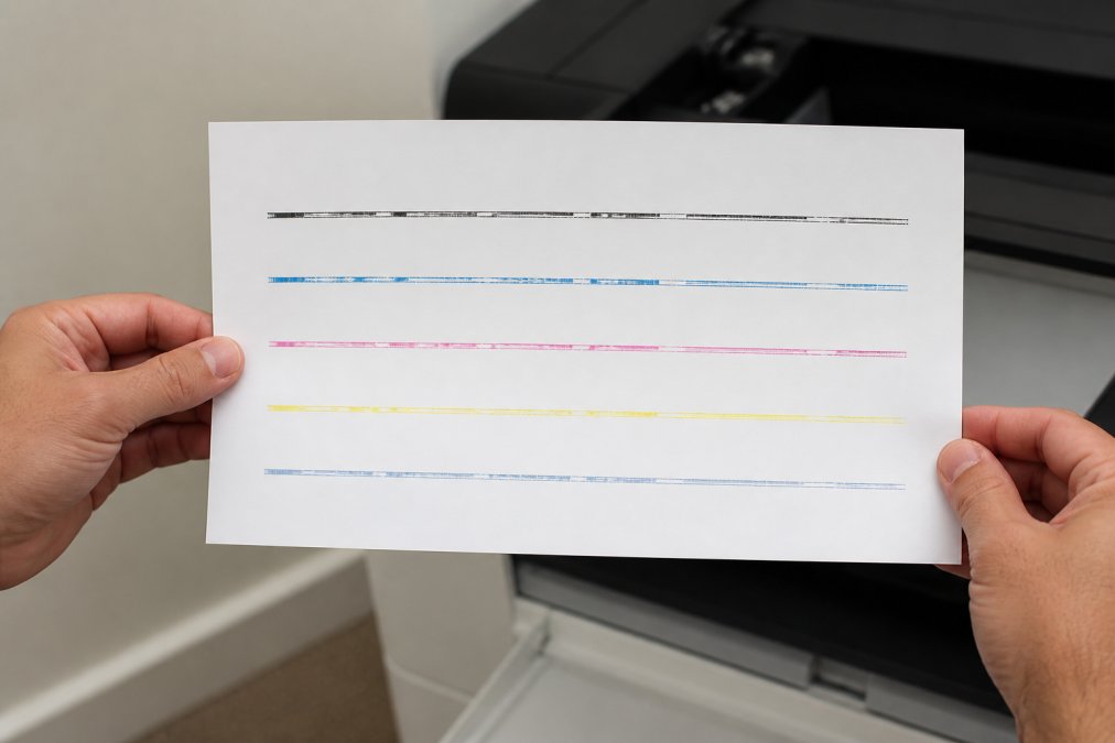 Close-up of hands holding a nozzle check test pattern printout showing horizontal lines with visible gaps indicating clogged nozzles, natural office lighting