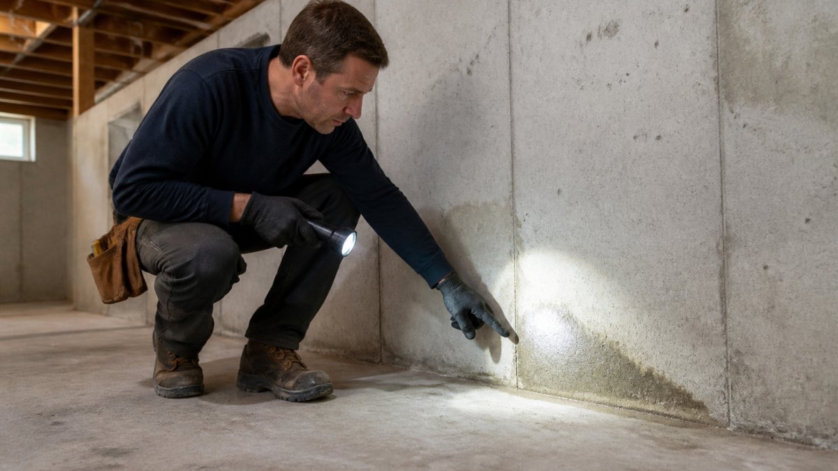 Homeowner using a flashlight to inspect damp wall stains caused by basement moisture problems near the floor.