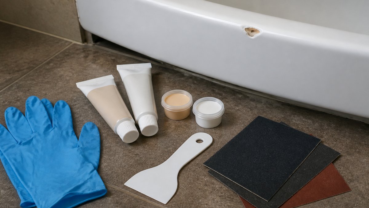 Close-up of a bath repair kit laid out on a bathroom floor, showing tubes of filler, colour-matching paste, sandpaper, spatula and gloves beside a white bath edge with a small chip visible